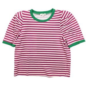 Entro Pink Striped Contrast Green Trim Padded Shoulder Top Women's Size Small